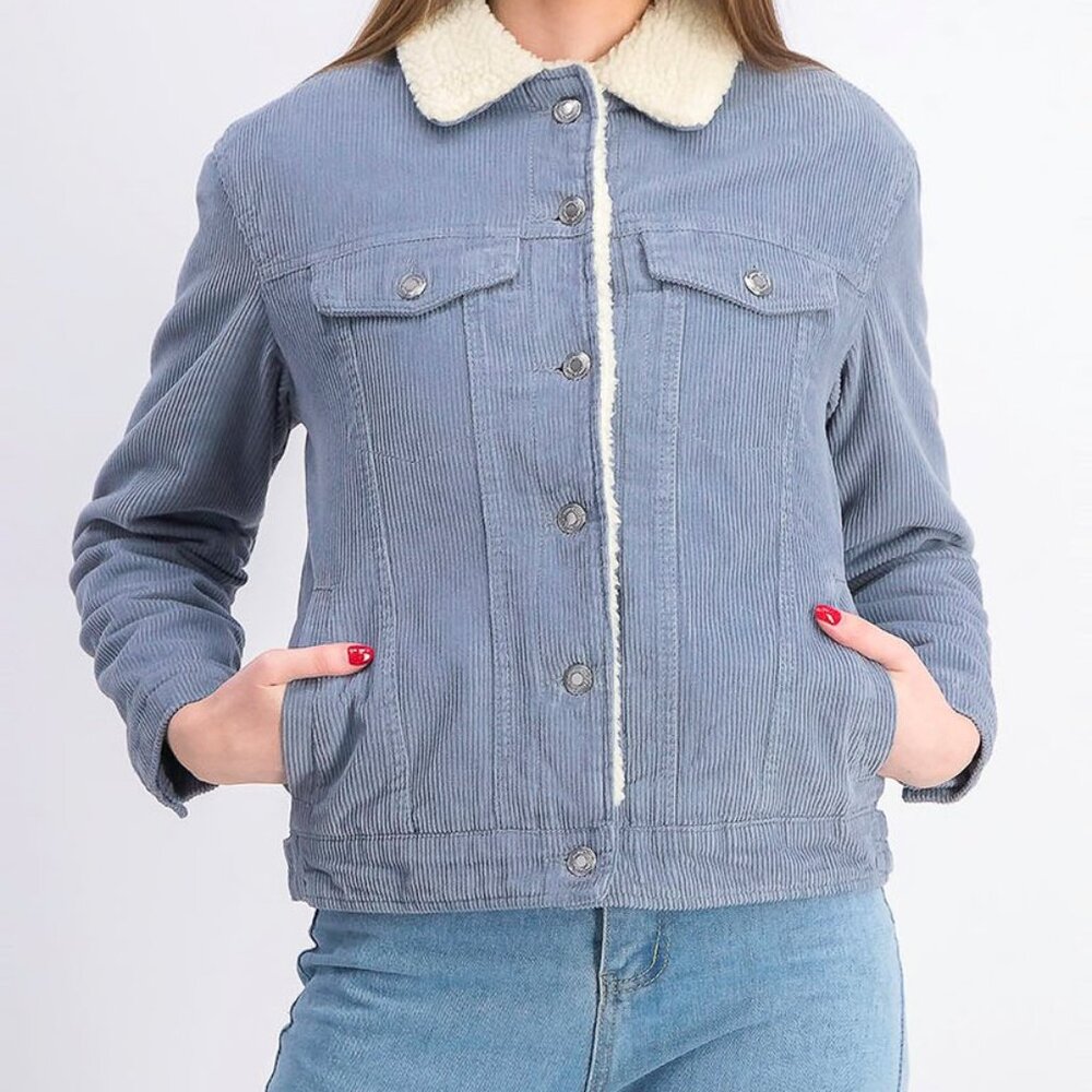 Bershka Women Sherpa Corduroy Jacket, Blue - Size XS